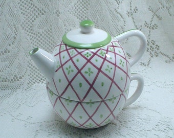 Stacking Tea Set, Nesting Tea Set, Hand Painted Ceramic Tea Pot and Cup