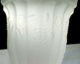 White Satin Glass Light Shades,  Ribbed, Embossed Floral Design, Set of Three