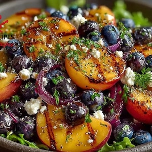 BESTE RECEPT voor gegrilde perzik-bosbessensalade | Gezonde zomerfruitsalade | Digitale download | Glutenvrije, gemakkelijk afdrukbare receptenkaart