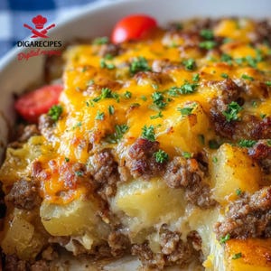 La mejor receta de cazuela de papas con hamburguesa y queso / Receta fácil y reconfortante al horno / Cena de carne molida y papas / Descarga instantánea en PDF