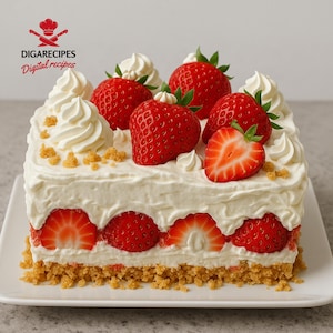 BESTE RECEPT voor Strawberry Crunch Poke Cake | Makkelijk no-bake dessert met verse aardbeien en slagroom | Pdf direct downloaden