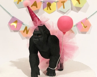 Princess Gorilla Birthday Cake Topper - includes tutu, party hat and balloon