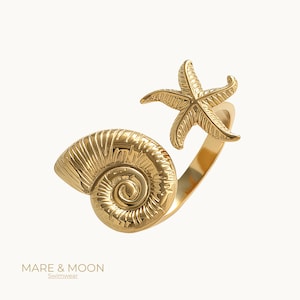 18K Gold Plated Seashell Starfish Ring - Waterproof Adjustable Beach Jewelry