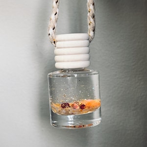 May include: A clear glass bottle with a white wooden cap and a decorative rope. The bottle contains glitter and orange and red decorative elements. The bottle is designed to be hung.