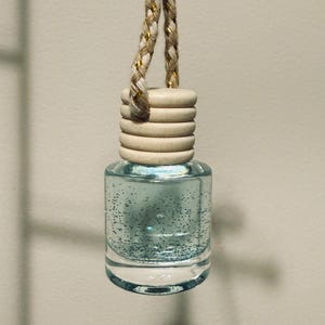 May include: A small, clear glass bottle filled with a light blue liquid and glitter. The bottle has a wooden cap and is suspended by a braided cord with gold accents. The product is designed to be hung.