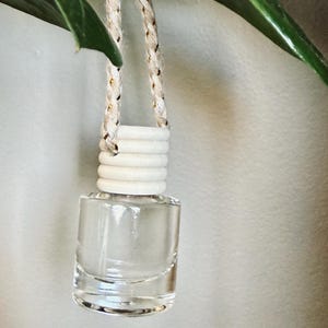 May include: A clear glass bottle with a white wooden cap and a gold and white braided cord. The bottle is hanging from a plant.