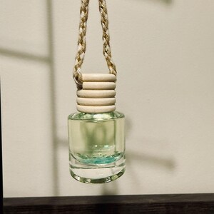 May include: A clear glass car air freshener bottle with a light green liquid and a wooden top. The bottle is suspended by a braided beige and gold rope.