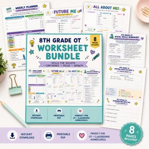 8th Grade OT Worksheet Bundle, Middle School Life Skills, Social Skills, Handwriting, Writing & Weekly Planner, Printable PDF