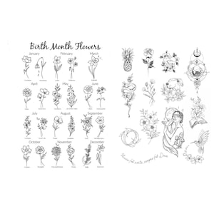 Custom Birth Floral Tattoo Design| Digital Download, Boho Botanical Temporary Tattoo, Line Art Flower Tattoo, Floral Tattoo Flash Sheet svg