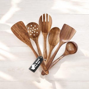 Wood Spoons for cooking.Wooden spoons Cooking Utensil Set 6 pcs.Teak Kitchen Tools for Nonstick Cookware, Handmade Spatula Spoon Set, spoons