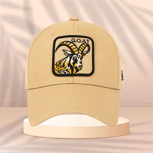 Embroidered GOAT Patch Tan Dad Hat: Adjustable Trucker Cap