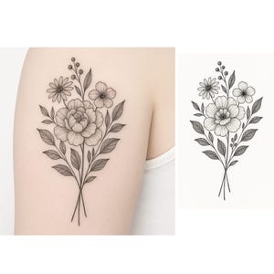 Custom Floral Tattoo Design | Minimal Line Art Flower Tattoo | Personalized Botanical Tattoo Sketch | Fine Line Tattoo Drawing