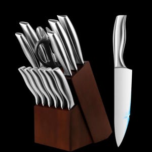 14 pcs Chef Knife Set with Block | Kitchen Cutlery Set | Japanese Style, Full Tang & Magnetic Storage | Housewarming Gift