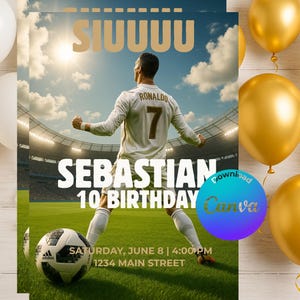 Invito di compleanno a tema calcio di Cristiano Ronaldo | Invito modificabile per una festa di calcio per ragazzo | Modello Canva per il tema SIUU