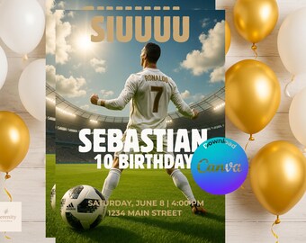 Cristiano Ronaldo Soccer Birthday Invitation | Editable Football Party Invite for Boy | SIUU Theme Canva Template