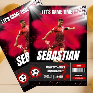 Cristiano Ronaldo - Invitation d'anniversaire de football modifiable pour garçon | Invitation à une fête de style billet numérique | Modèle Canva personnalisé