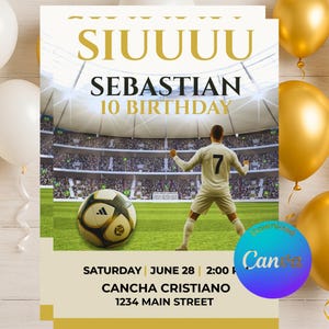 Invitation d'anniversaire de Cristiano Ronaldo | Invitation à une fête de football modifiable | Thème Siuuu | Modèle de carte d'anniversaire de football pour garçon sur Canva