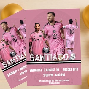 Zaproszenie urodzinowe Messiego Inter Miami | Szablon edytowalny Pink Soccer Party | Pobieranie cyfrowe