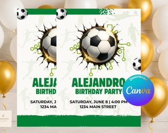 May include: Green and white soccer-themed birthday party invitation with a soccer ball breaking through a cracked wall. The invitation says "Alejandro Birthday Party" with the date and time of the party. The invitation also says "Download Canva" in the bottom right corner.