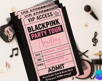 PINK Birthday Invitation VIP Ticket | Editable Canva Template | KPOP Party Invite | Pink & Black Glam Printable | Birthday