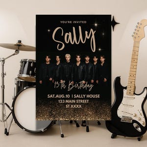 Stray Kids Kpop Birthday Invitation Editable | 13th Birthday Party Invite | Boy Band Theme | Teen Girl Digital Download | Black Gold Design