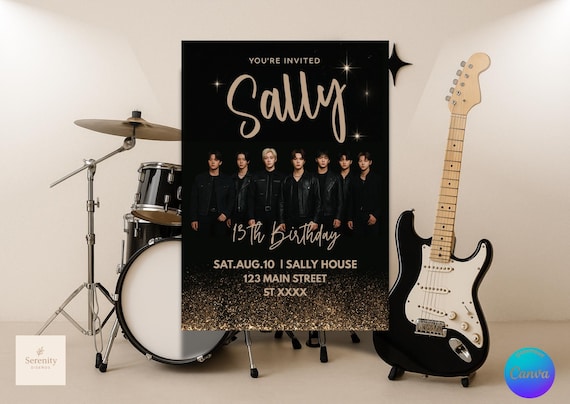 Stray Kids Kpop Birthday Invitation Editable | 13th Birthday Party Invite | Boy Band Theme | Teen Girl Digital Download | Black Gold Design