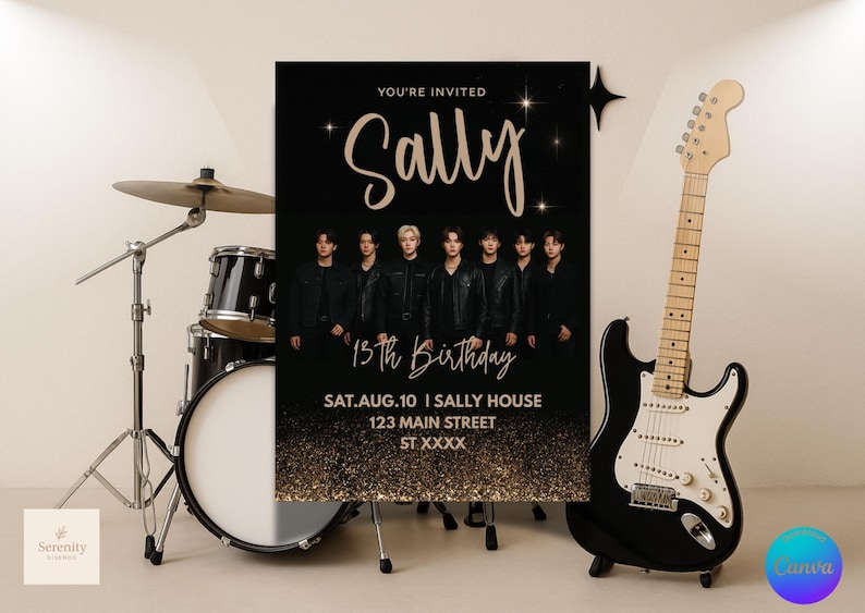 May include: A black and gold birthday invitation featuring a group of people in black jackets. The invitation reads "You're Invited Sally 13th Birthday" with event details. A drum set and a black electric guitar are in the image.