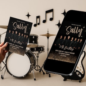 May include: Black and gold birthday invitation with the name "Sally" in elegant script. The invitation is displayed on a smartphone and held in hand, with a drum set in the background. The invitation includes the date, time, and address.