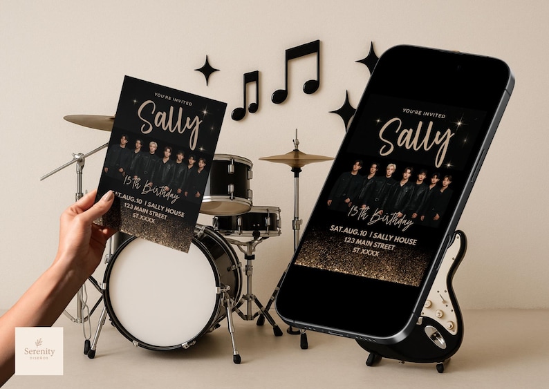 May include: Black and gold birthday invitation with the name "Sally" in elegant script. The invitation is displayed on a smartphone and held in hand, with a drum set in the background. The invitation includes the date, time, and address.