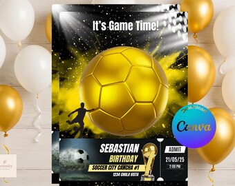 May include: A gold soccer ball with black stitching is the centerpiece of a birthday party invitation. The invitation features a black background with gold glitter and the text "It's Game Time!" and "Sebastian Birthday". The invitation also includes the text "Soccer City Cancha #1" and "1234 Chula Vista".