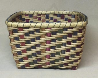 Hand Woven Basket: Twill Weave with Navy, Burgundy, Gold & Green Accents, Made in the USA