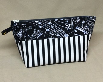 Fabric Zipper Pouch, 100% Cotton Fabric, Black and White Music Theme Fabric