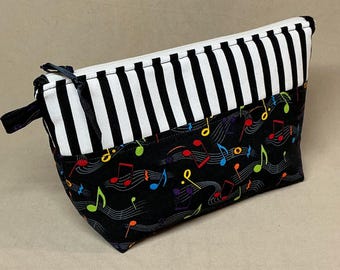 Fabric Zipper Pouch, 100% Cotton Fabric, Black and White Music Theme Prints