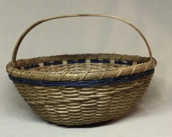 Hand Woven Gathering Basket: Round Shape, Dark Blue Accent