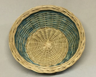 Small Round Bread or Cracker Basket, Hand Woven, Teal Accent Color