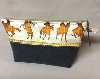 Fabric Zipper Pouch, 100% Cotton Fabric, Black Denim with Horse Riding Print,  Fully Lined, Hand Made in the USA