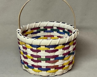 Hand Woven Round Easter Basket with Colorful Accent Weaving and a Wood Handle