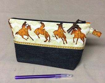 Fabric Zipper Pouch, 100% Cotton Fabric, Black Denim with Horse  Riding Print,  Fully Lined, Hand Made in the USA