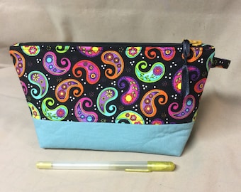 Fabric Zipper Pouch, 100% Cotton Fabric, Rainbow Paisley with Aqua Bottom