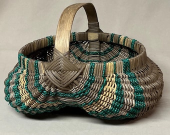 12” Round Top Opening, Hand Woven Egg Gathering Basket: Brown and Teal Reed