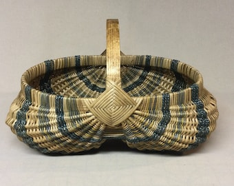Approx. 8” x 12” Top Opening, Oval Hand Woven Egg Basket, Shades of Blues, Greens, Teal and with Natural Reed, Weaving