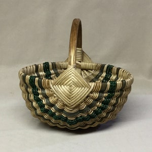 8” Diameter, Hand Woven Melon Basket with Green Accent Weaving