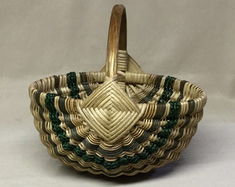8” Diameter, Hand Woven Melon Basket with Green Accent Weaving