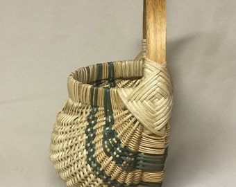 Smaller Sized Hand Woven Key Basket with Green Accent Weaving, Wall Basket