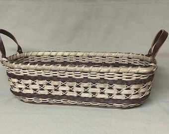 Large Handwoven Oval Basket, Brown Accent Weaving and Brown Leather Side Handles