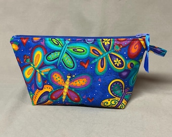 Handmade Zipper Pouch, 100% Cotton Fabric, Brights Butterflies on Royal Blue Background Fabric