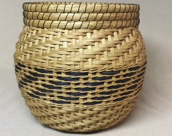 Round Decorative Basket, Hand Woven, Globe Shaped, Black Accent Rows