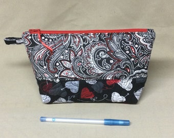 Fabric Zipper Pouch, 100% Cotton Fabric, Red, White And Black Prints, Fully Lined, Hand Made in the USA