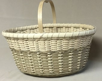 Hand Woven Basket, Oval with Wood Base and Handle, Light Brown and Natural