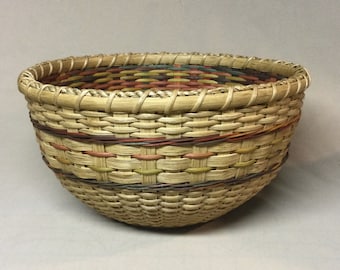 Hand Woven, Round Bowl-Type Basket, Double Wall, Brown, Green, Rust, Yellow